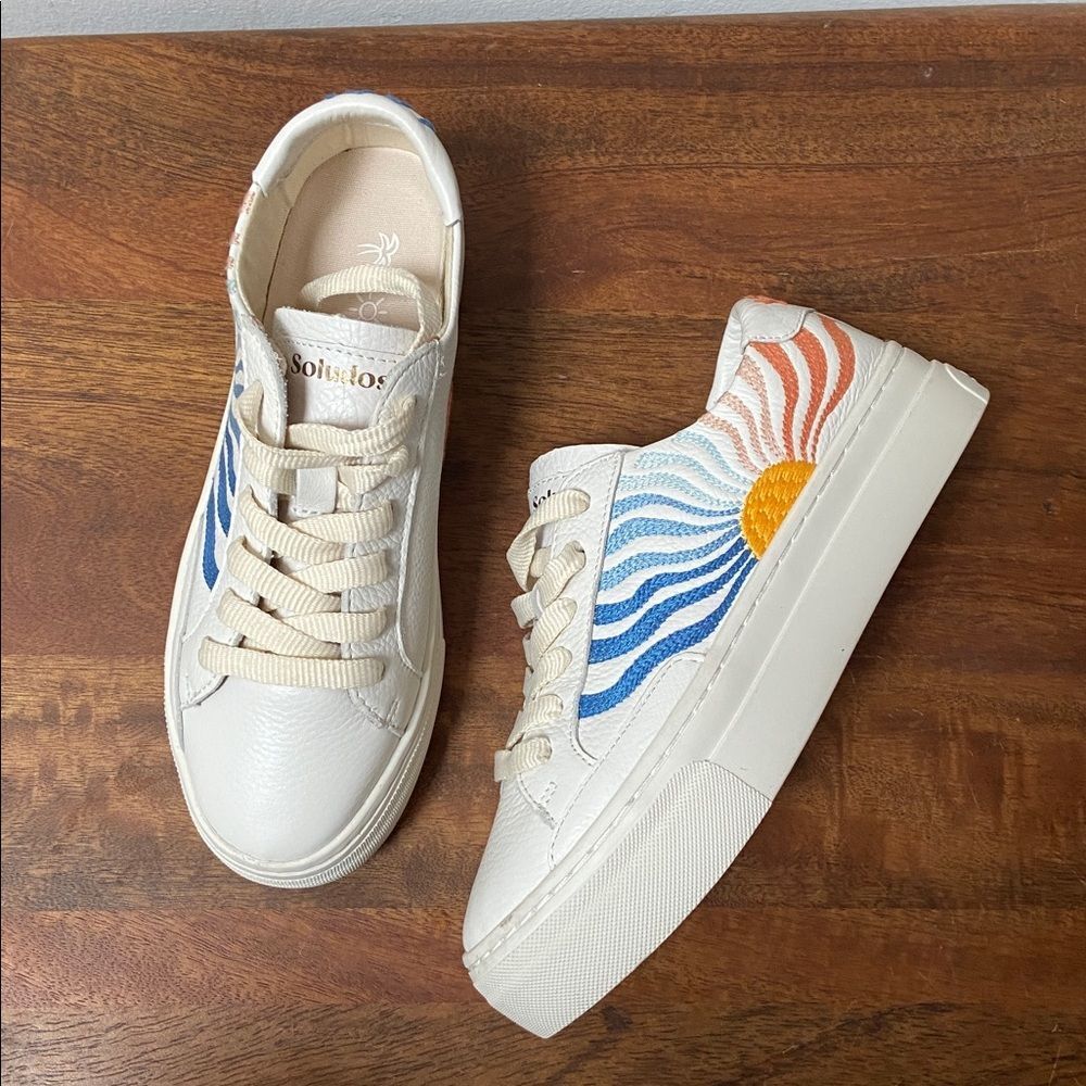 Soludos Cream Leather Embroidered Sneakers New